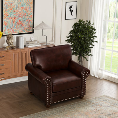 Living Room Single Seat Chair, Burgundy Pu Leather Upholstery, Frame, Comfortable Foam Fill Cushion, Silver Nails Accentuation Chair In Room, Faux Leather, Wood Legged Design