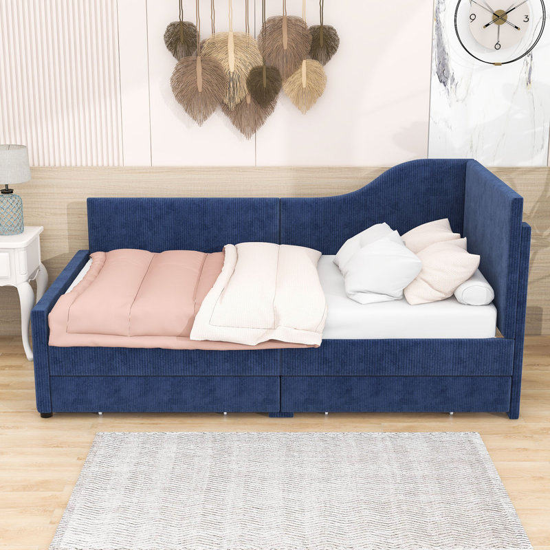 Twin Wood L-Shaped Upholstered Bed with Drawers, Blue