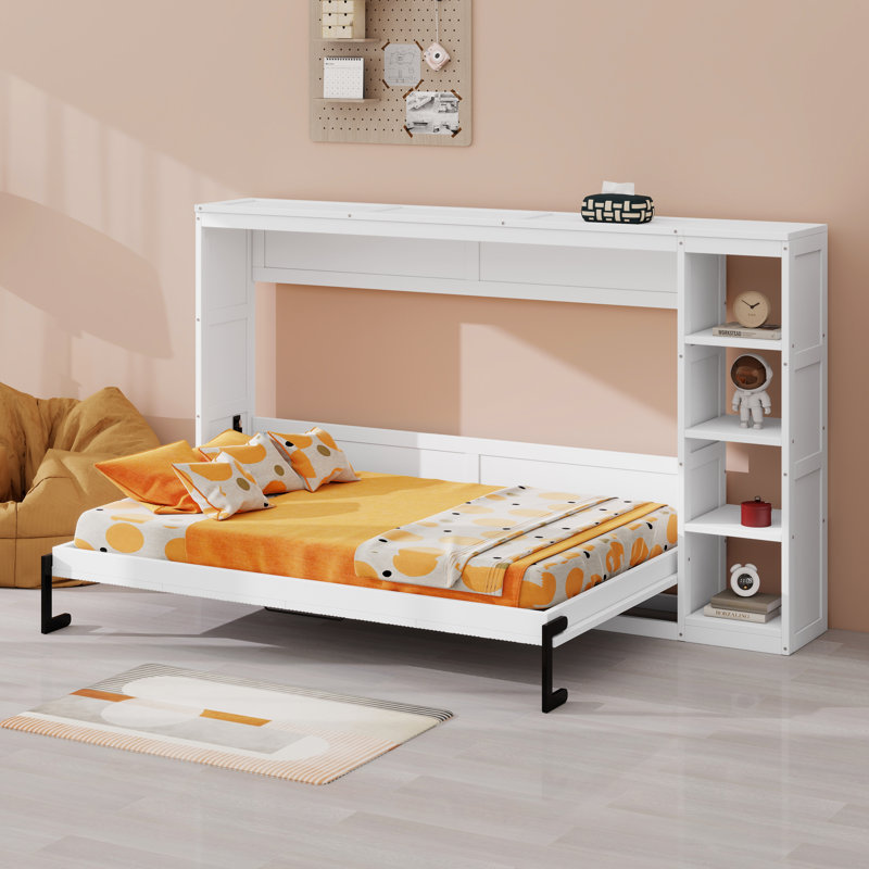 Lit armoire mural en bois intégré avec tablettes, Blanc