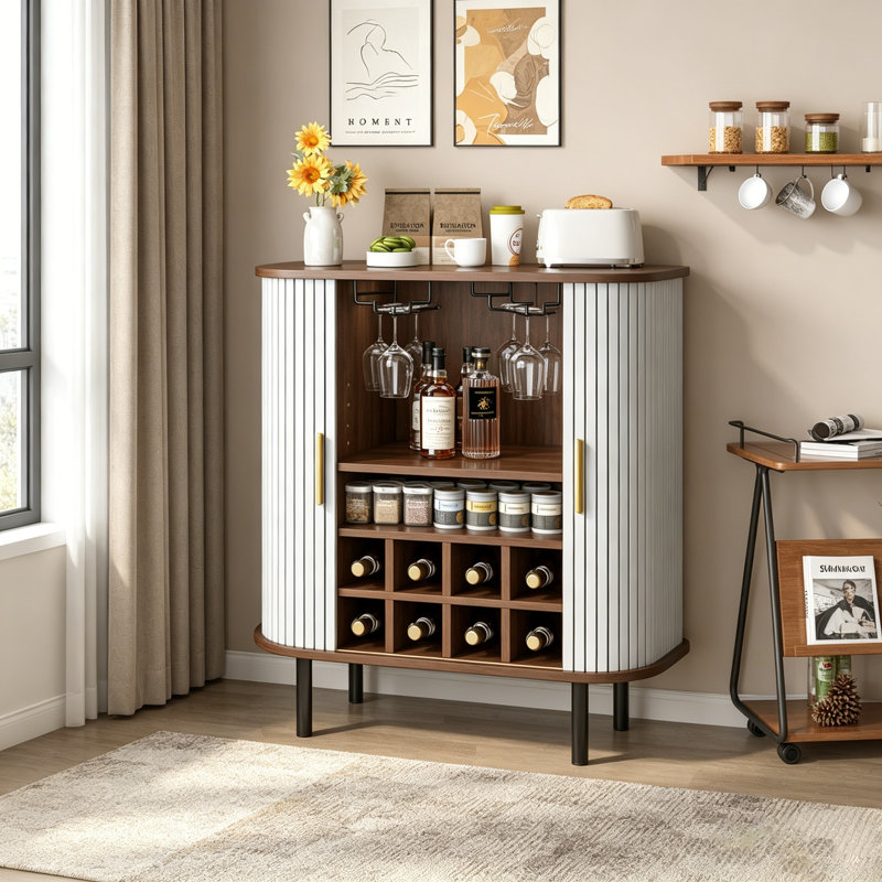 Fluted Wine Bar Cabinet With 8-Grid Wine Rack, 5-Level Adjustable Shelves, 2 Glass Holders, Smoothly Sliding Tambour Doors, 4 Hidden Storage Spaces, Modern Liquor Coffee Station