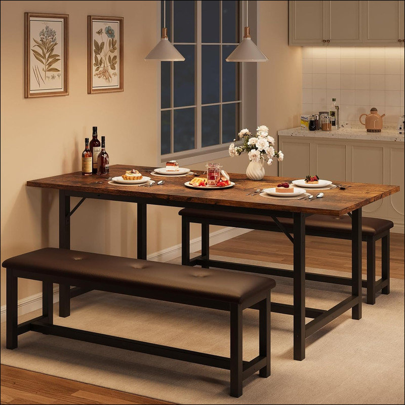 63" Dining Table Set for 4-6, Large Extendable Kitchen Table Set with 2 Upholstered Benches for 6, 3 Piece Rectangle Dining Table Set for 4 for Apartment, Saving Space