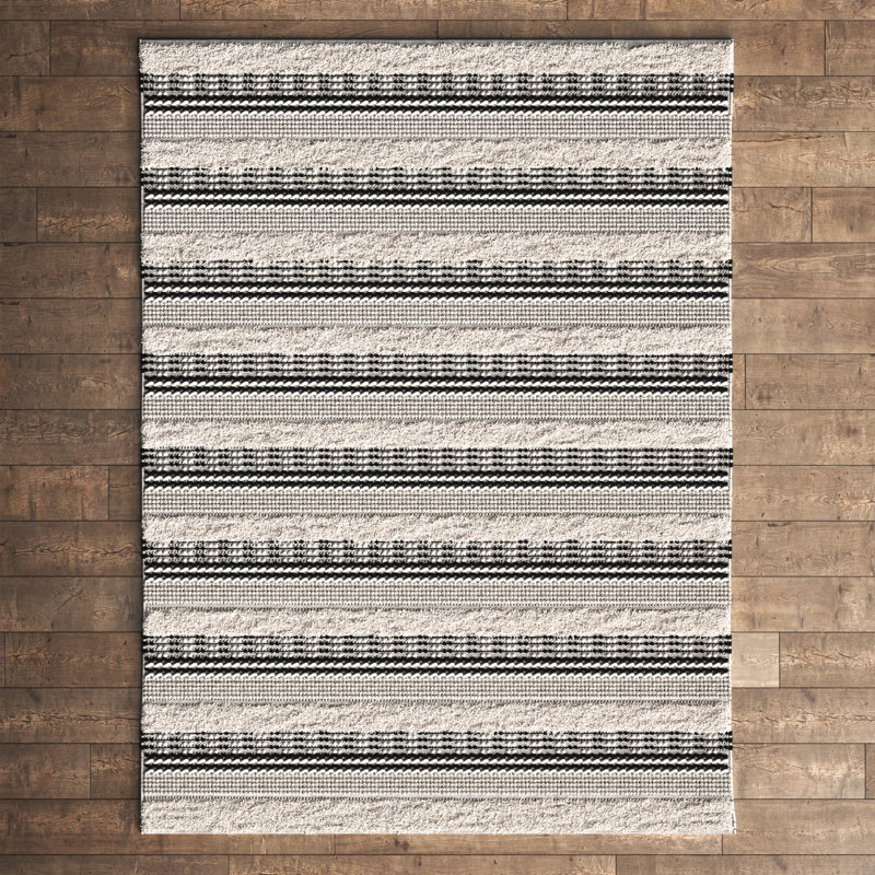 Tapis rayé beige / noir en coton tissé à la main Alva, Rectangle 6 pi x 9 pi