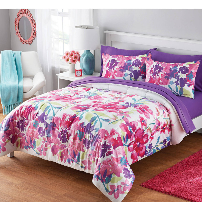 Casey Reversible Purple/Pink/Blue Floral Fabric Comforter Set
