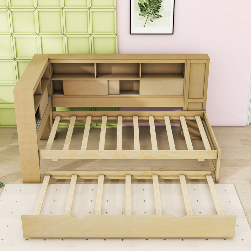 Twin Wooden Daybed with Twin Trundle, Built-In Storage Shelves, USB and Socket, Natural