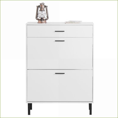 Shoe Cabinet, Modern Freestanding Organizer with 2 Flip Drawers &amp; Metal Legs, 31.5”W x 9.84”D x 43.3”H | Off-White | Entryway