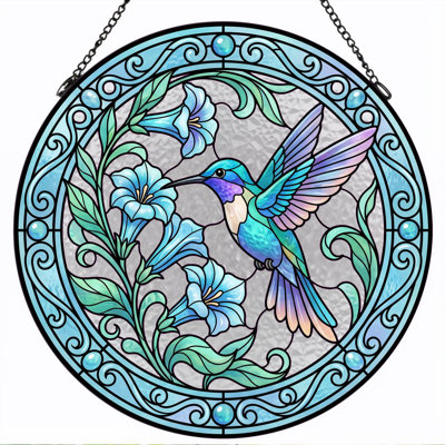 Hummingbird Floral Stained Glass Window Panel，12"H