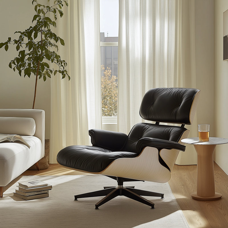Real Leather lounge chair with Solid Wood, Natural Wood Black Genuine Leather