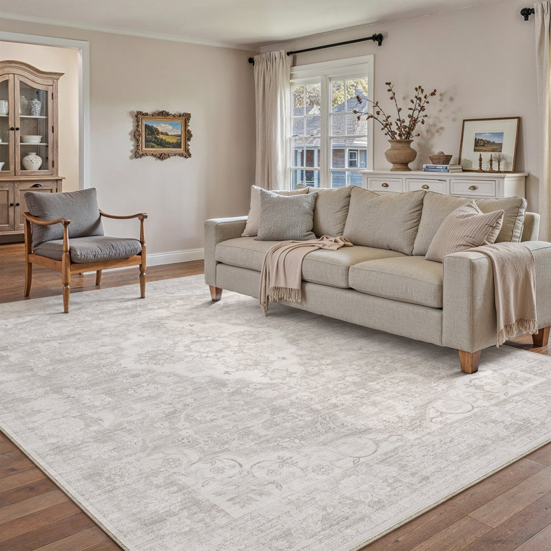 Vintage Medallion Machine Washable Area Rug With Non-Slip Backing, Rectangle 6' x 9', Beige