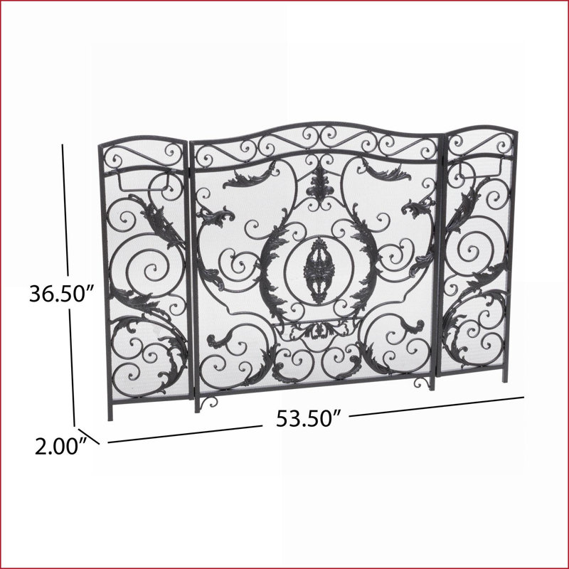 Pare-étincelles traditionnel à 3 panneaux pliables argent brossé de 53,5 po de largeur | Noir + argent | Fer, Noir