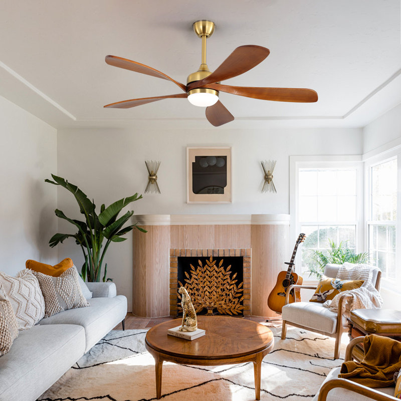  Ventilateur de plafond intelligent moderne de 52 po avec lumière, moteur à courant continu silencieux à 6 vitesses et télécommande à DEL 3 couleurs avec minuterie, noyer