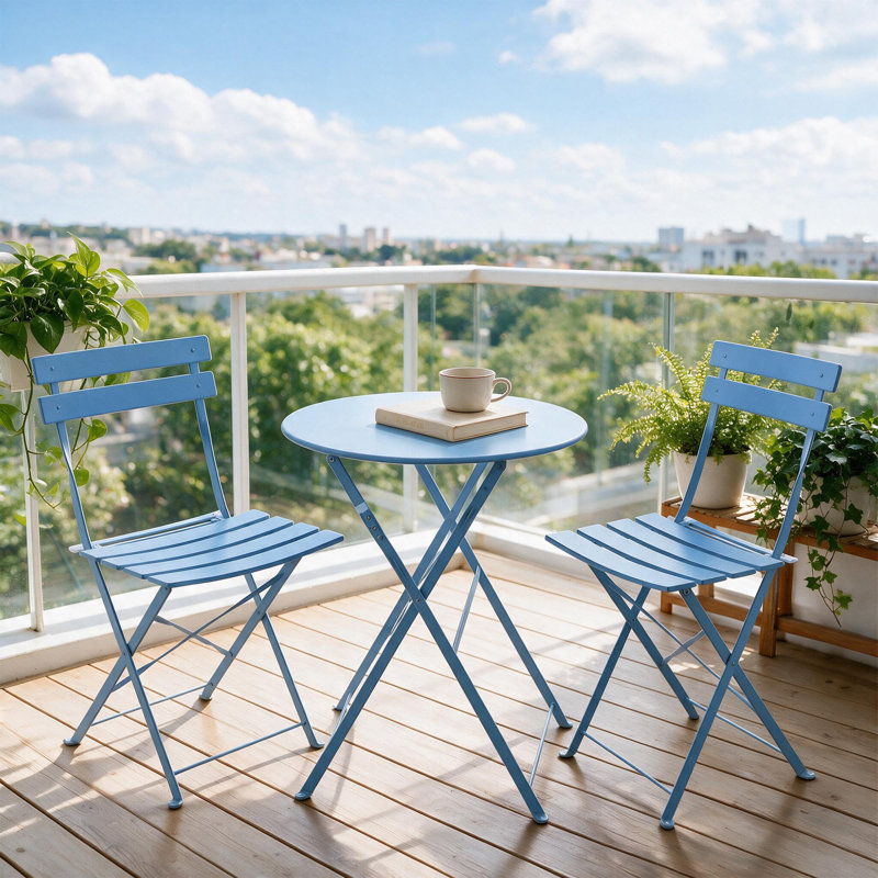 Ensemble 3 pièces de table bistro et chaises pliantes en acier, bleu, Bleu