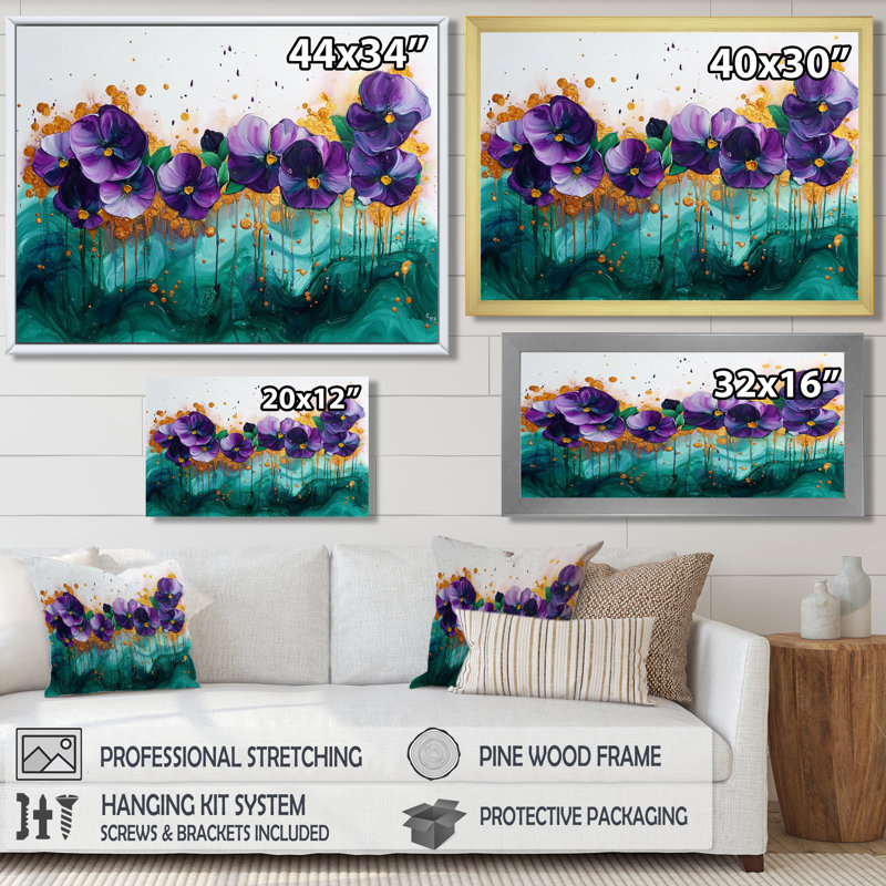Lavande, pensées sur encre émeraude II - pensées, art mural, H 30 po x l 40 po, Impression encadrée flottante, Noir