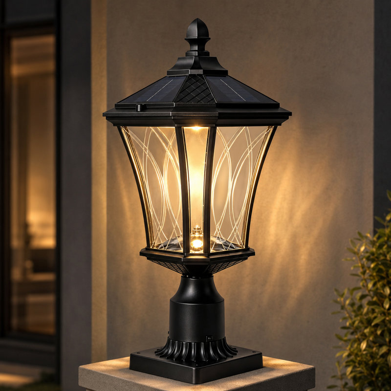 Lampadaire solaire d'extérieur avec base à fixation sur pilier, imperméable avec verre à motif Dusk to Dawn