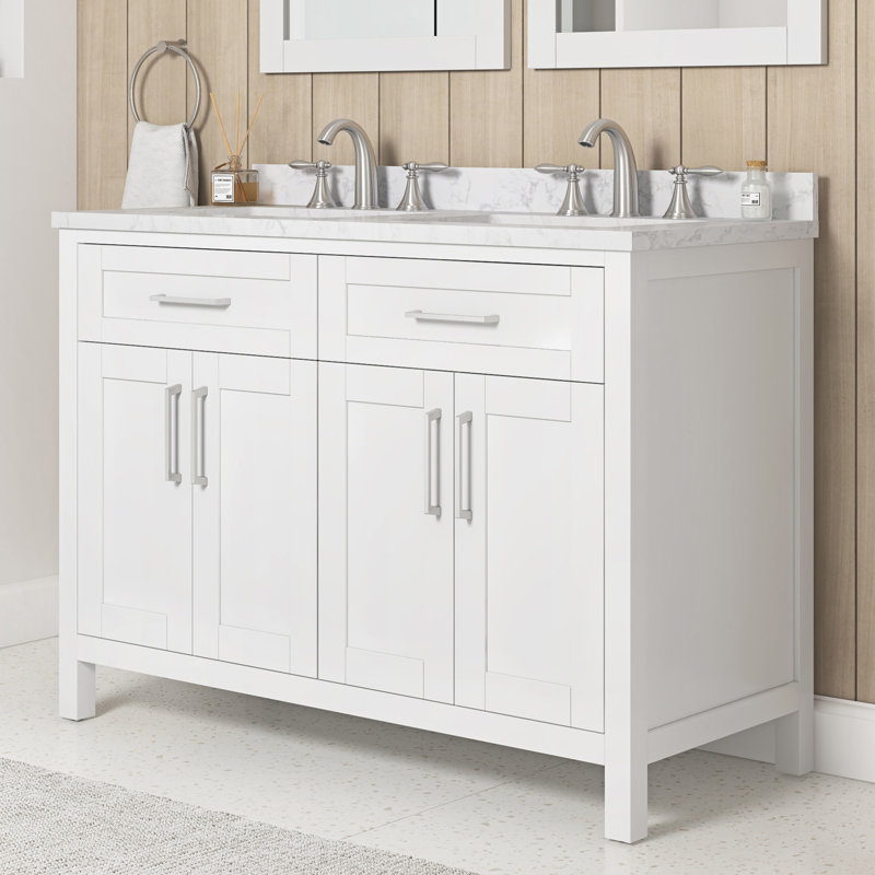 Meuble-lavabo double avec comptoir Xenya 48,03, Blanc, Nickel brossé