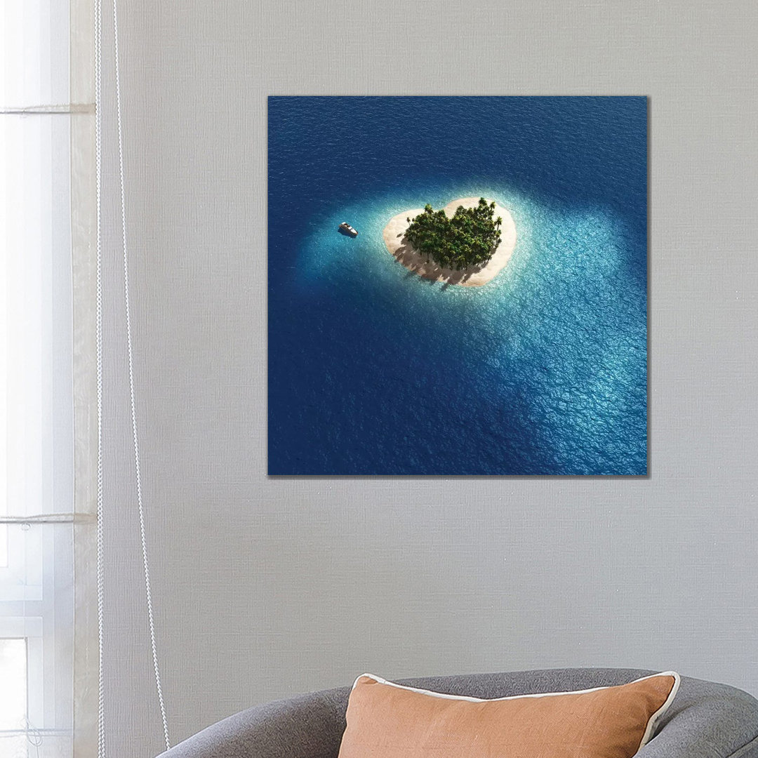 Aerial View Of Heart Shape Tropical Island by Mike Kiev - Wrapped Canvas Print