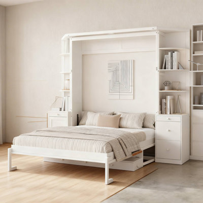 Queen Size Murphy Bed With Storage Desk, Drrawers, Shelves Cabinet And Lighted Headboard