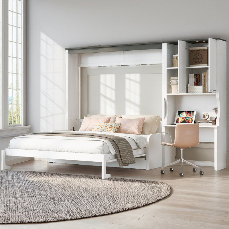 Foldable Multi-Functional Murphy Bed With Built-In Sofa, Wooden Wall Bed with Desk and Storage Cabinet, Queen