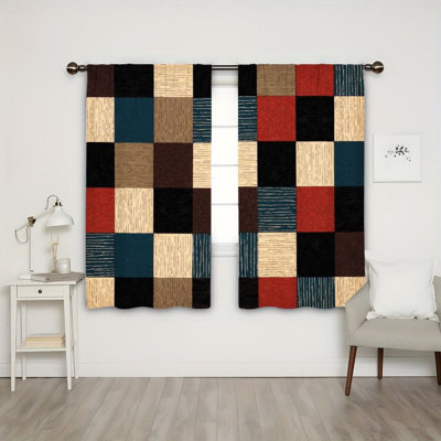Rideaux à carreaux géométriques 2 pièces, passe-tringle de style patchwork bloquant le soleil, design rustique moderne, décor de fenêtre d'étude de salon toutes saisons