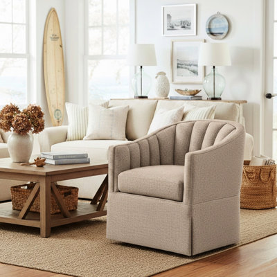 Élégant et confortable fauteuil d'appoint pivotant à jupe avec dossier à rainure verticale, pivotant à 360 degrés en métal, 4 options de couleurs inspirées du bord de mer, coussin réversible texturé et amovible
