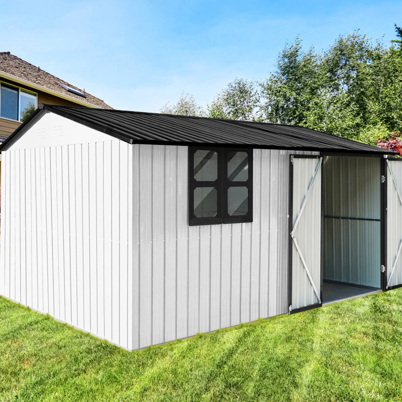 12Ftx10ft Outdoor Metal Storage Shed, White + Black, Apex Roof, Integrated Vents, Hinged Door And Heavy - Duty Padlock, Easy Assembly Process Garden Roof Design, For Customization, Sun Complimentary