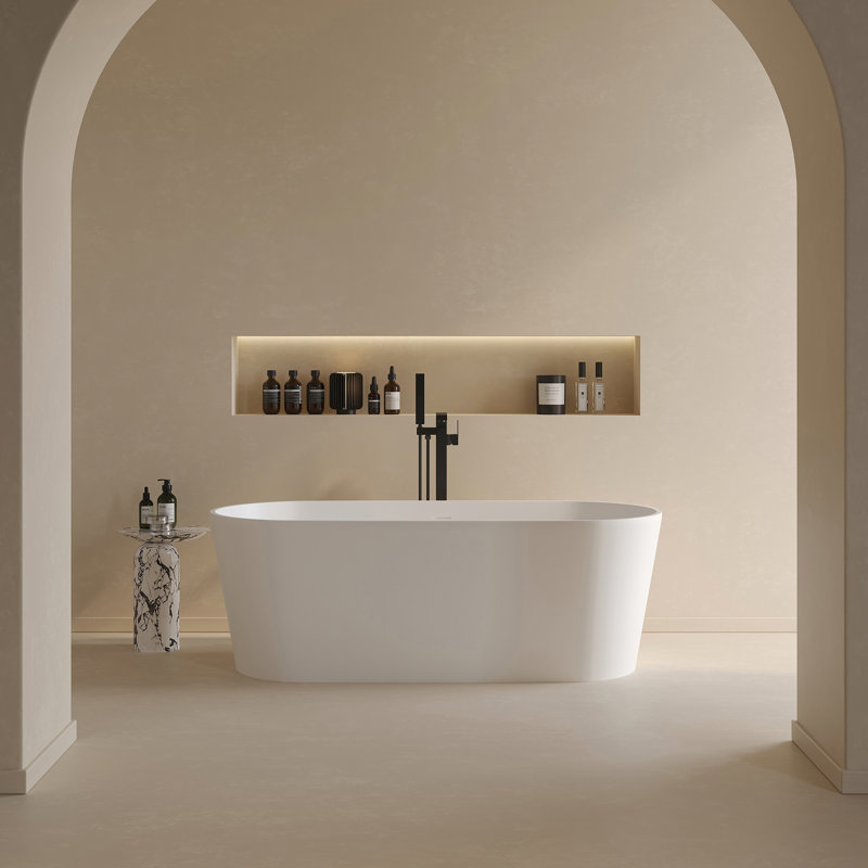 Rainlex 63" Matte White Stone Resin Freestanding Oval Bathtub