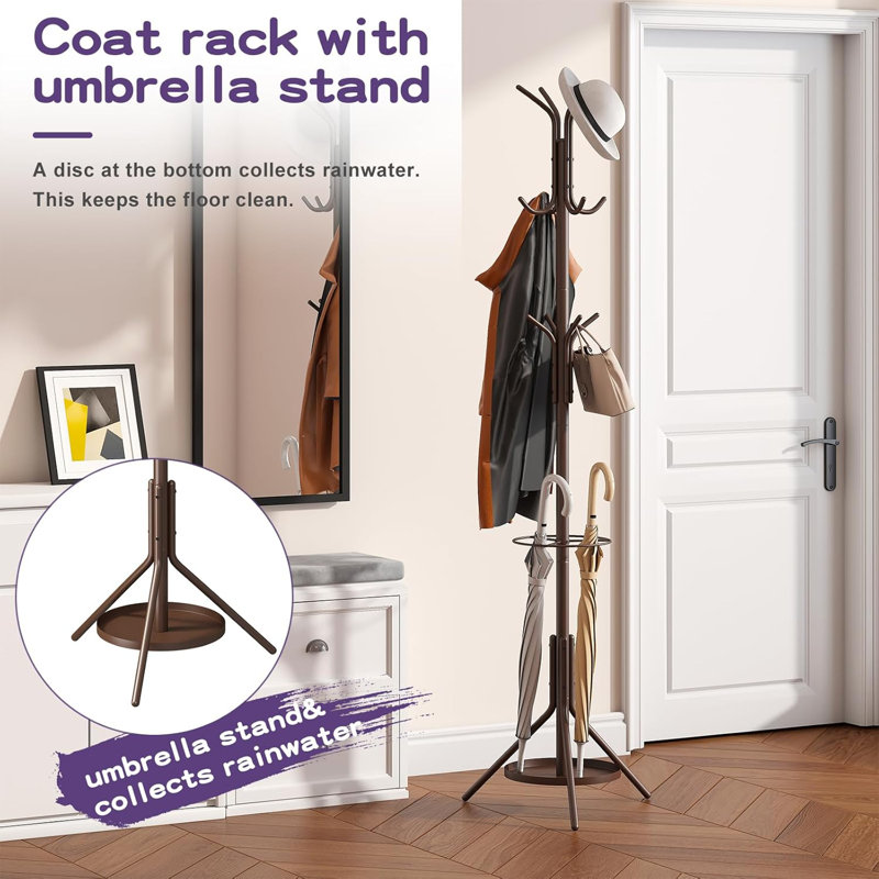 Coat Rack Freestanding Entryway Hanger Stand, Umbrella Holder, Hall Tree With 12 Hooks, Brown