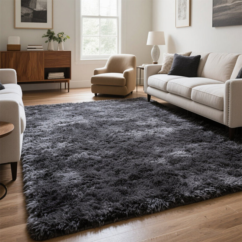 Dark gray shag area rug plush carpet, Rectangle 6' x 9'