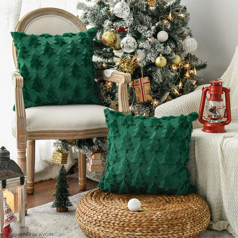 Ensemble de housses de coussin vert sapin de Noël, ensemble de 2 coussins en jacquard en fausse fourrure de 18 po x 18 po pour l'hiver
