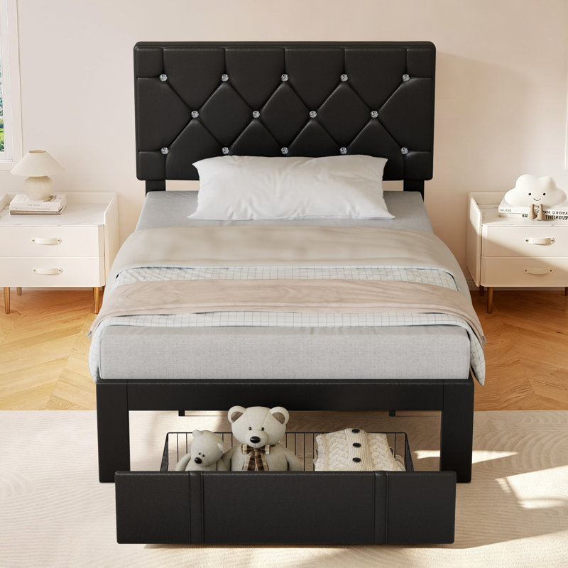 Bed Frame With Diamond Tufted Headboard, PU Leather Platform Bed With Storage Drawer, Wooden Slats Support, No Box Spring Needed, Easy To Assembly