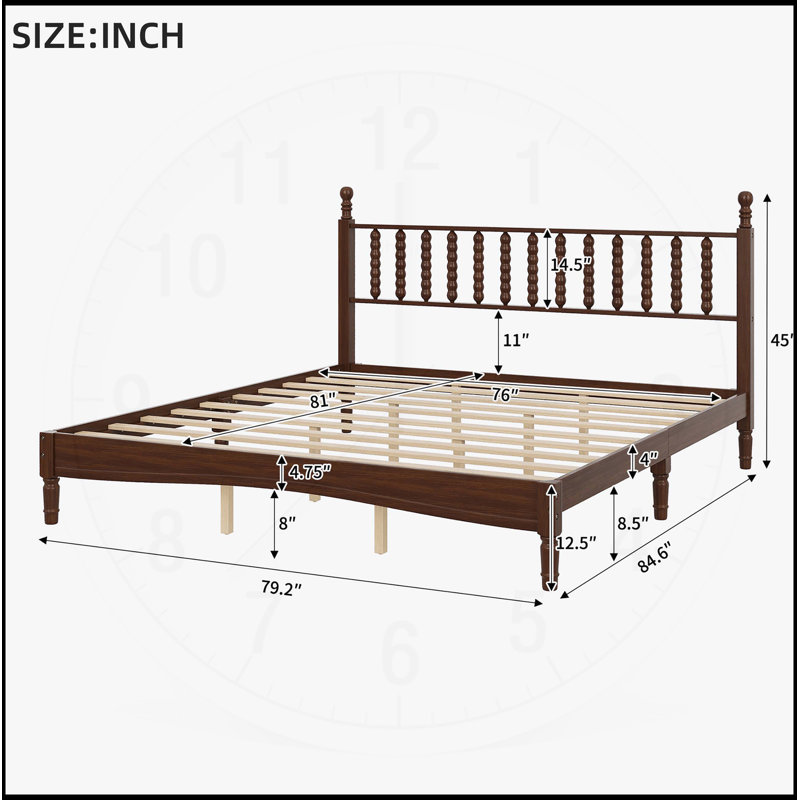 Lit plateforme très grand en bois avec tête de lit en forme de gourde, style rétro avec support en lattes de bois, finition noyer