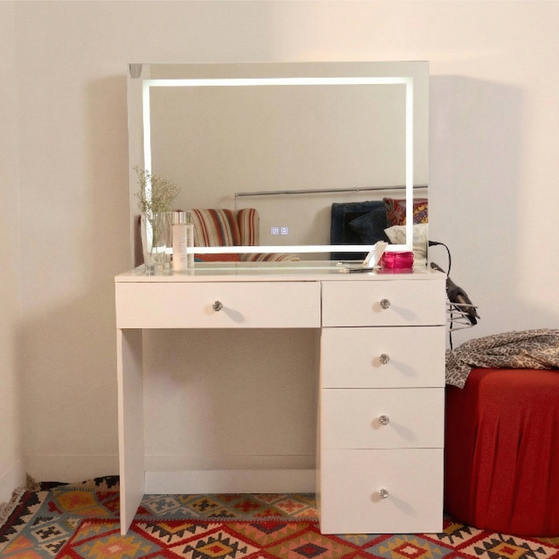 Meuble-lavabo Boahaus Lyra avec miroir DEL et haut-parleurs intégrés - coiffeuse compacte conçue comme une coiffeuse complète