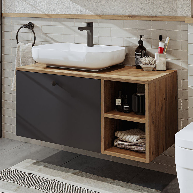 Rosaliyah Bathroom Vanity Unit with Ceramic Washbasin 95cm,  Anthracite/Oak