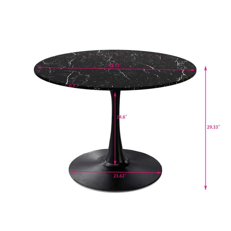 Round Metal Base Dining Table, Black, 29.33"H x 42.13"W x 42.13"L, Black Marble