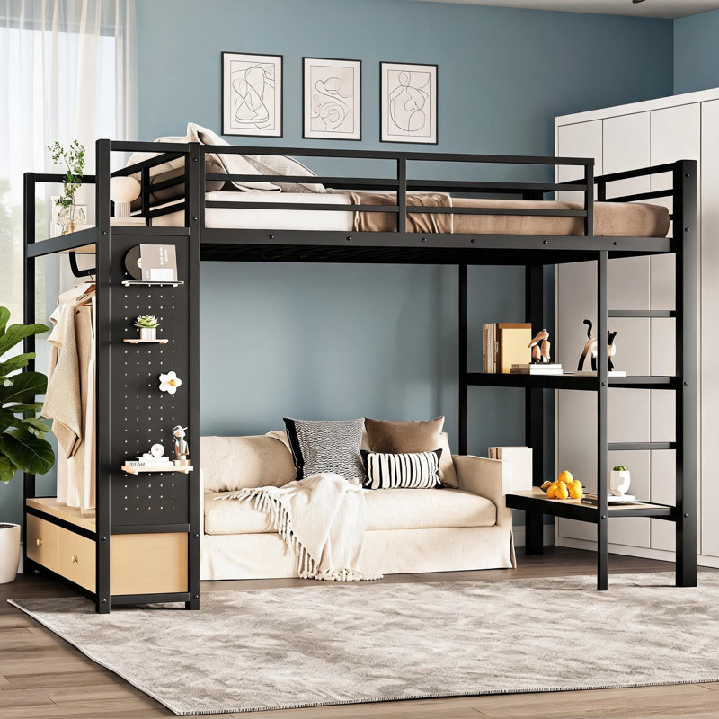 Structure de lit mezzanine pleine grandeur en MDF noir de jais, conception compacte tout-en-un pour le rangement et l'organisation de la chambre à coucher résidentielle