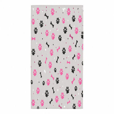 1 serviette de plage à empreintes de pattes pour animaux de compagnie, avec des motifs d'os noirs et roses ludiques sur un fond gris clair. Microfibre douce, idéale pour les sorties, la natation, les voyages, unisexe.