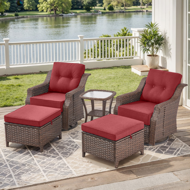 Elona 5-Piece Outdoor Conversation Set With Swivel Glider Chairs And Ottomans And 6" Thickness Cushions, Brown
