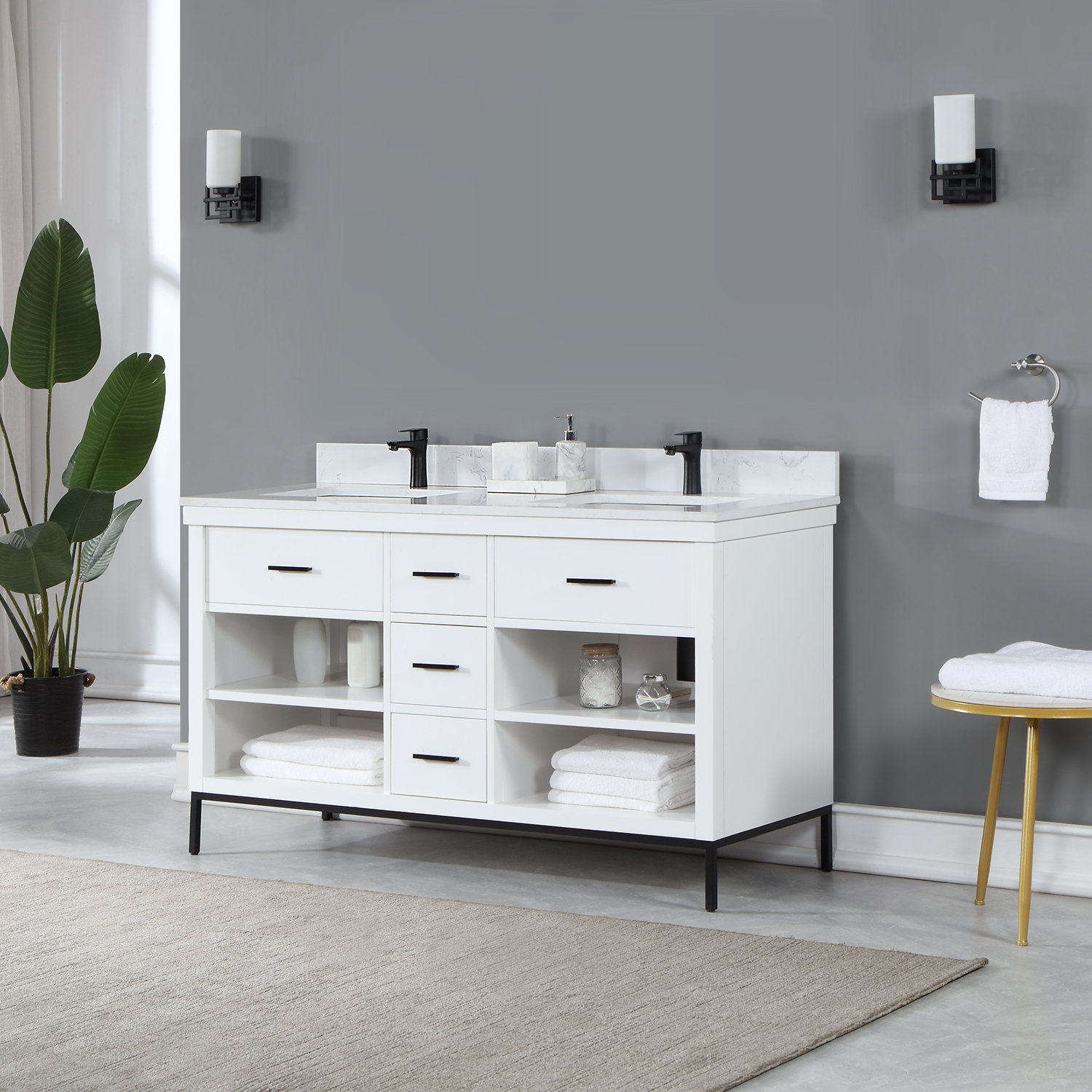 Kesia 60'' Double Bathroom Vanity, Matte Black, White