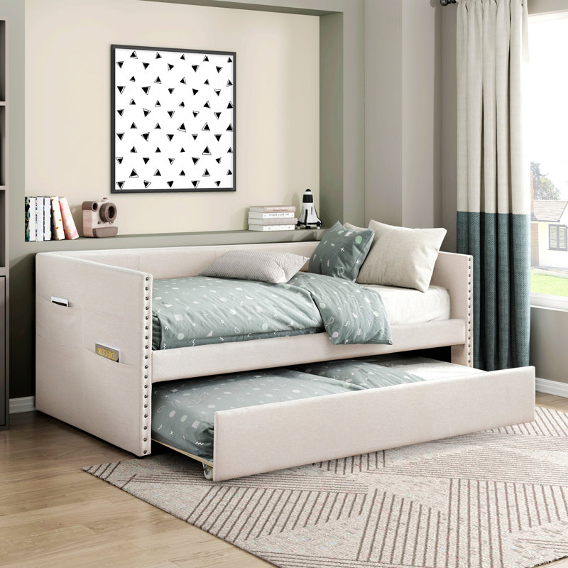 Lit de jour moderne avec lit gigogne escamotable, poches latérales, garniture cloutée pour chambre à coucher, salon, Beige
