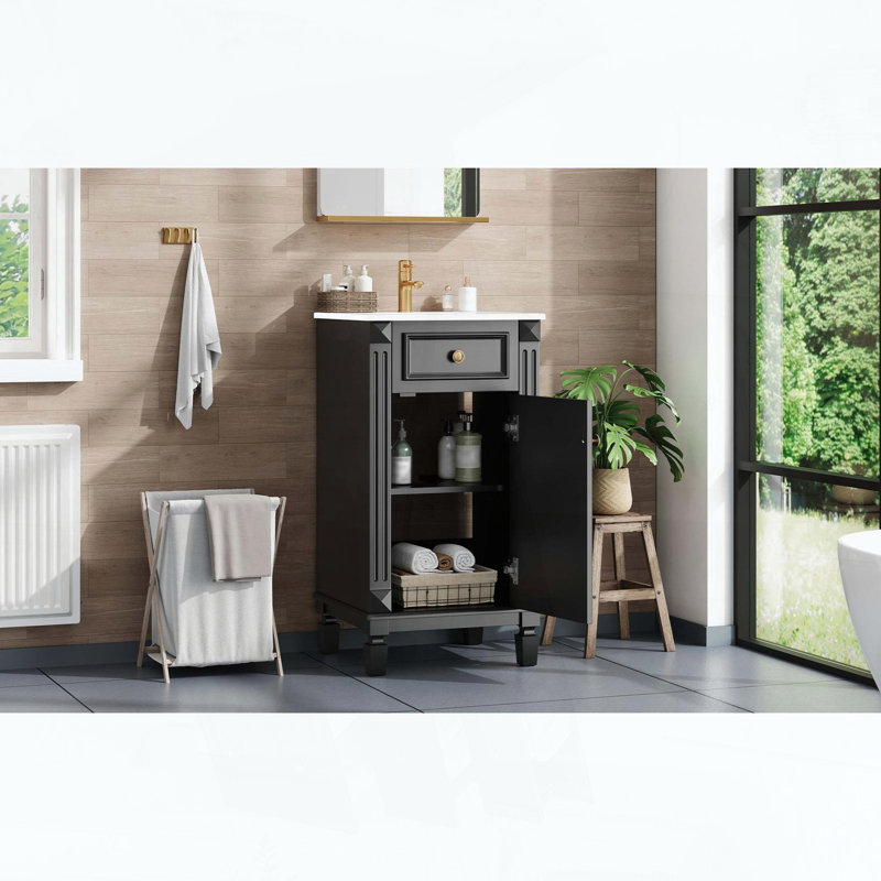 Meuble-lavabo sur pied avec lavabo en céramique, porte à fermeture amortie et tablette réglable, style français, noir, Black