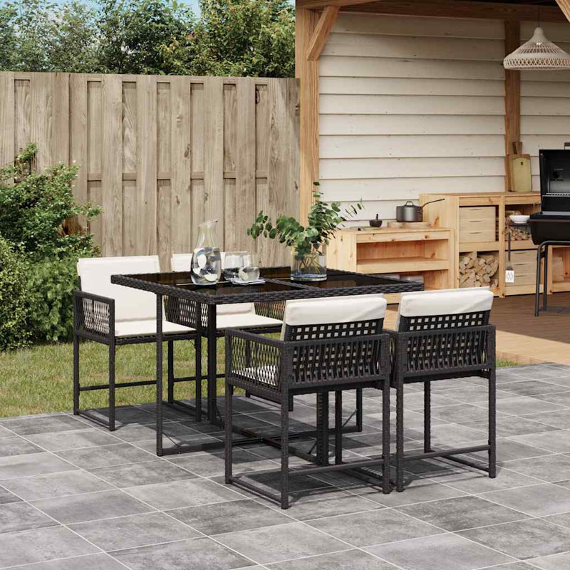  Ensemble de salle à manger de jardin 5 pièces avec coussins, table de patio et chaises en rotin de poly noir, 4