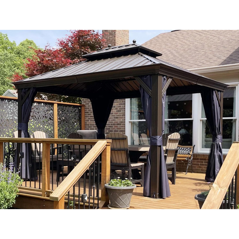 Purple Leaf Hardtop Gazebo Canopy With Netting And Curtains, With 48 Ft String Lights, 120" H x 135" W x 109.4" D