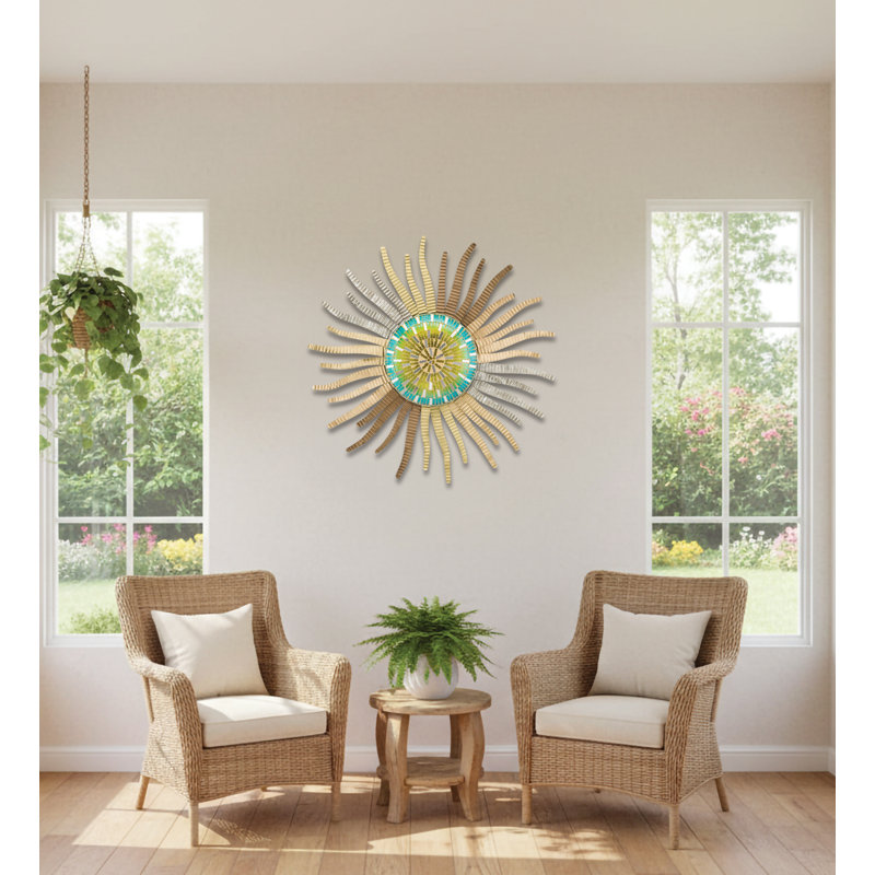 30 Inch Sun Metal Outdoor Wall Decor with Multi Color Weather Resistant Finish for Indoor and Outdoor Home Accent - Wavy