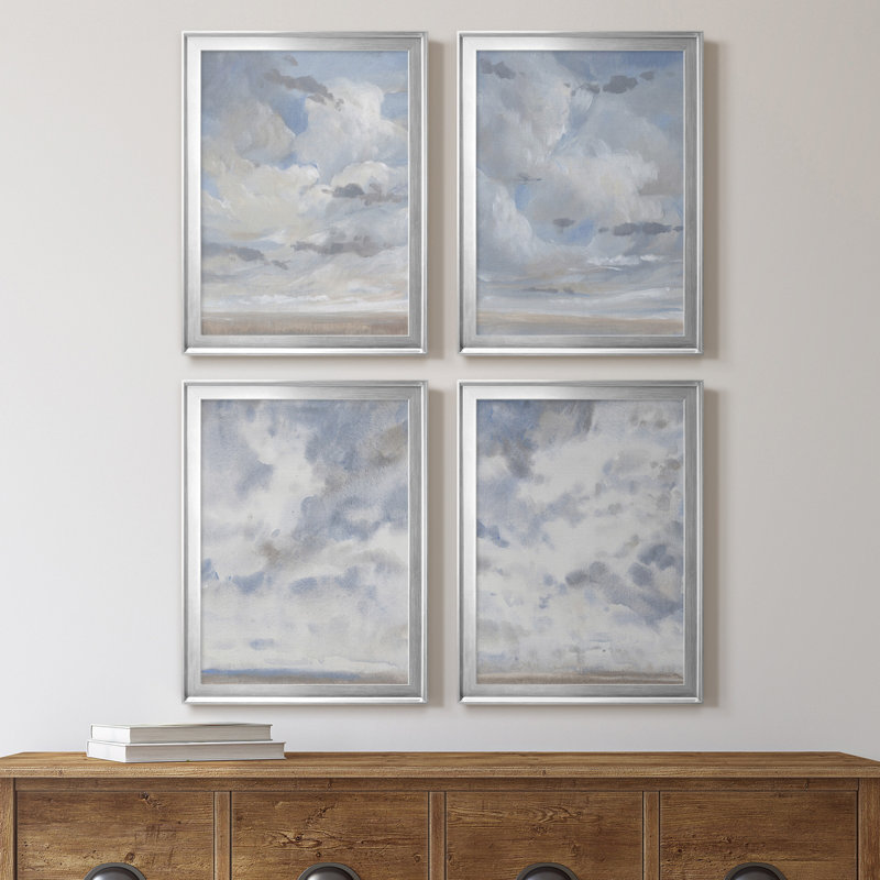Ciel bleu I - ensemble de 4 peintures sur toile encadrées, Cadre argenté, H 24,5 po x l 74 po x P 1 po
