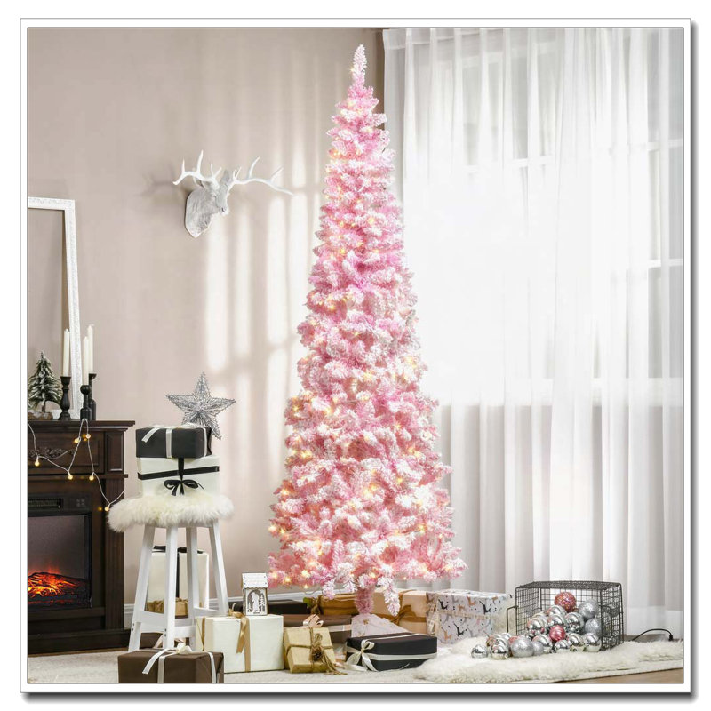 Arbre de Noël artificiel enneigé 7,5 pi, rose et blanc