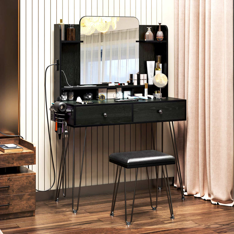 Dressing Table Makeup Vanity Table Set with Mirror, Power Outlets and Vanity Stool, Black