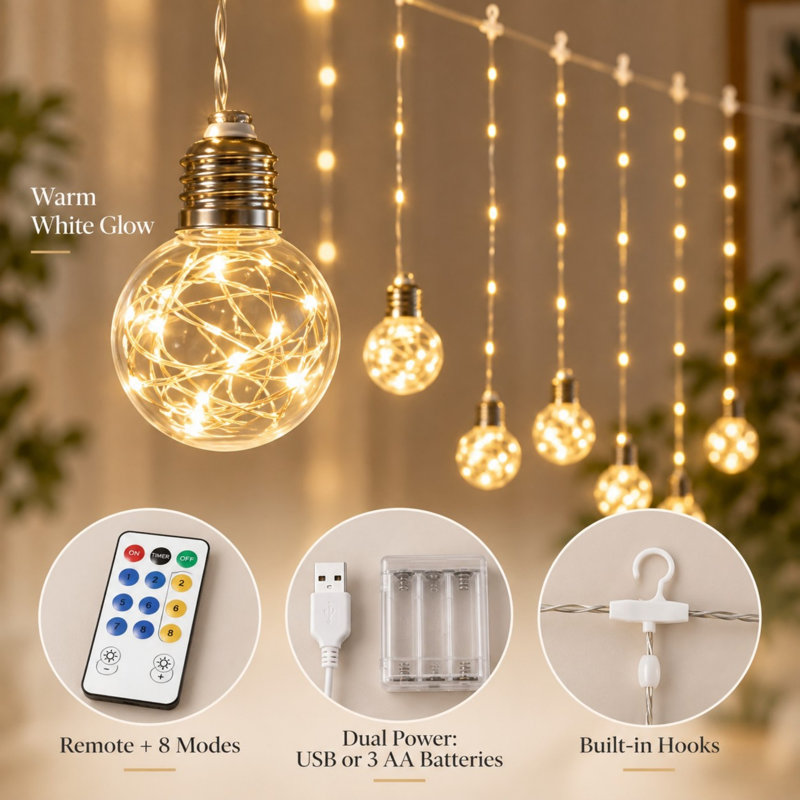 Guirlande lumineuse de 3 mètres (9,8 pieds) en forme de boule à vœux, avec 200 DEL et télécommande
