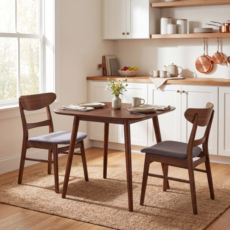 Cambrielle Mid-Century Modern 2-Person Rubberwood Dining Table Set With Upholstered Chairs, Dark Walnut