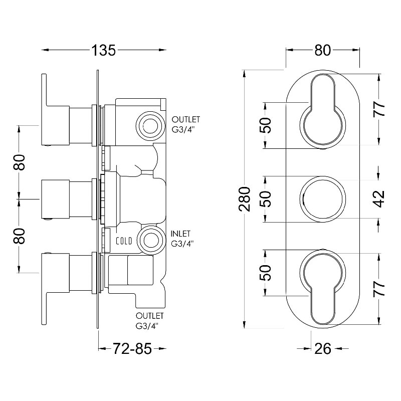 Triple Concealed Thermostatic Shower Valve, Yes