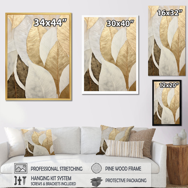 Gold Minimalism Leaves Collage III - Print, Black Floater Framed, 32" H x 16" W x 1" D