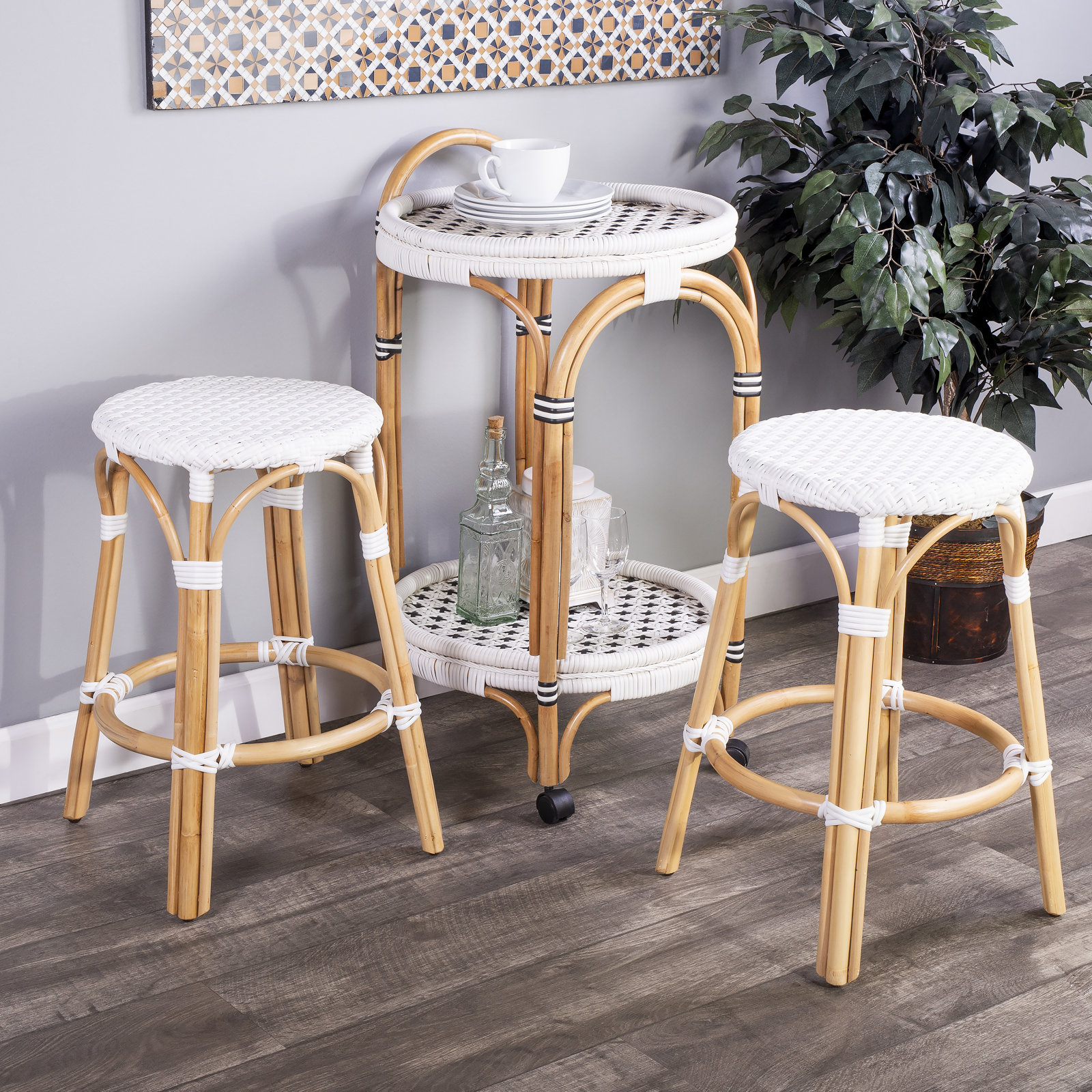 Alastair Bar & Counter Stool, Counter Stool (24" Seat Height), Glossy White/Natural Rattan Frame